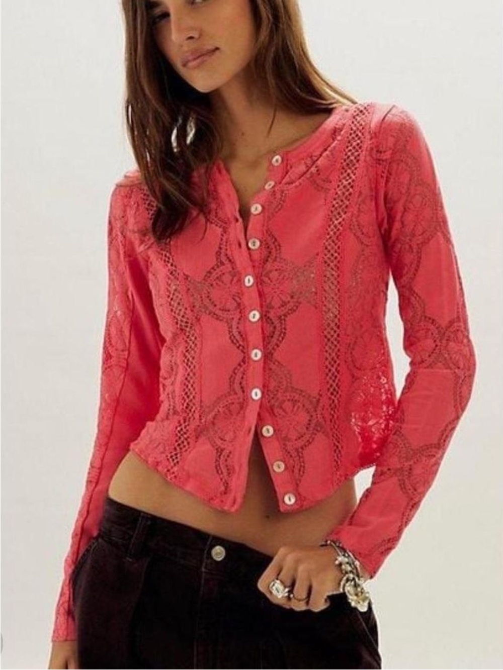 NEW Free People Coral Button-Front Lace Trim Long-Sleeve Top - Picture 2 of 4